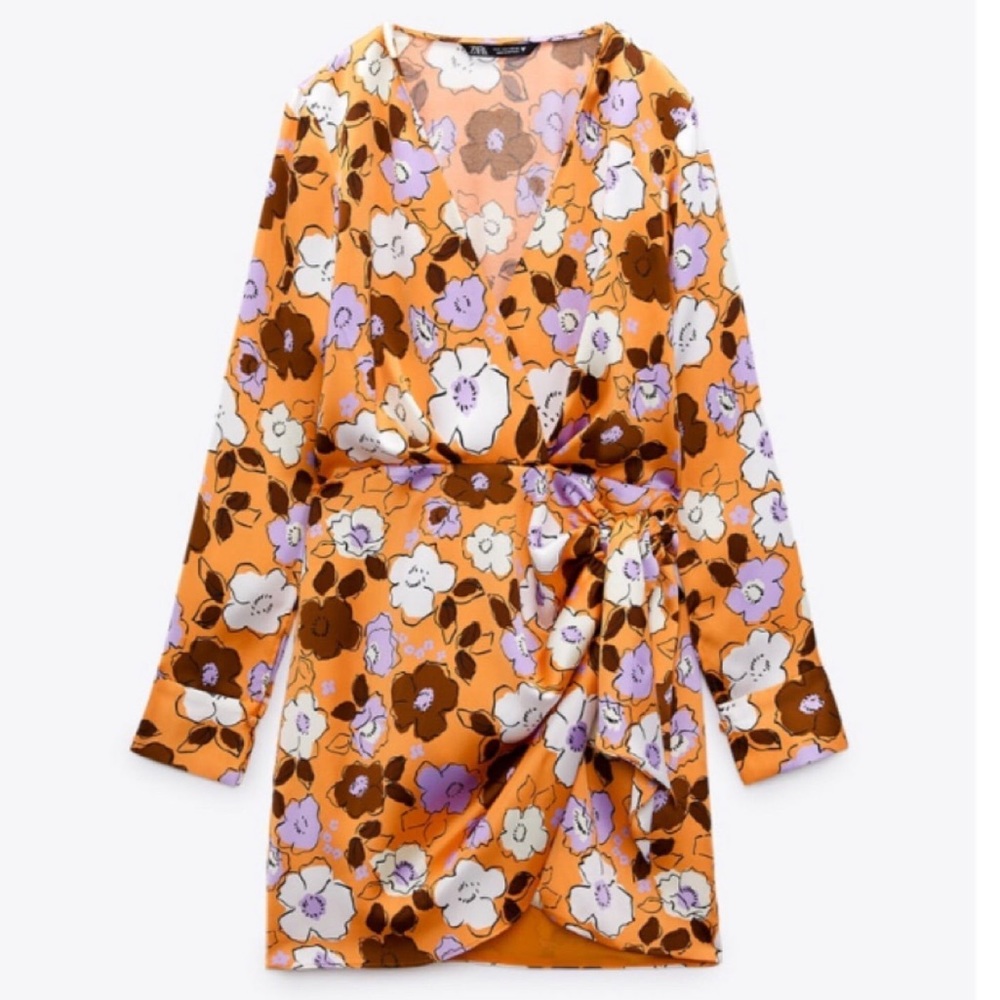 Zara Floral Satin Orange Dress